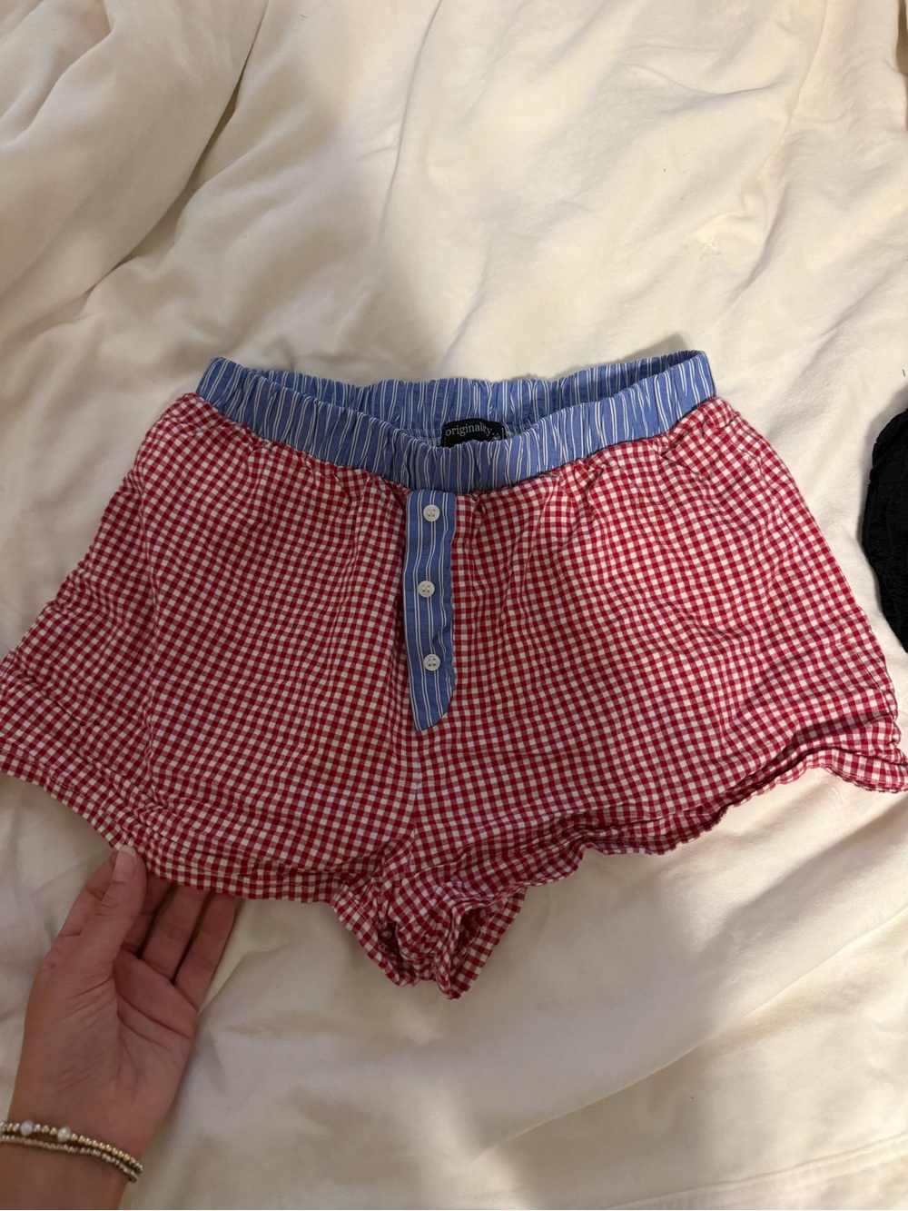 Dry Goods Red Gingham Women’s Athletic Lounge Shorts with Blue Trim